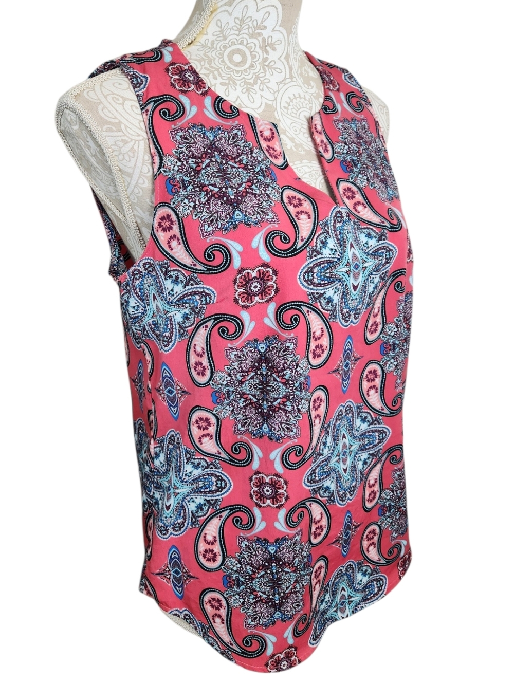 Verse Geometric Paisley Sleeveless V-Neck Boho Multicolor Split Back Blouse S